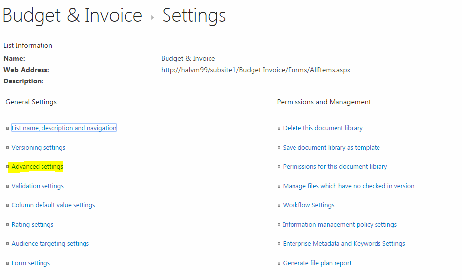 Document library - Advanced Settings