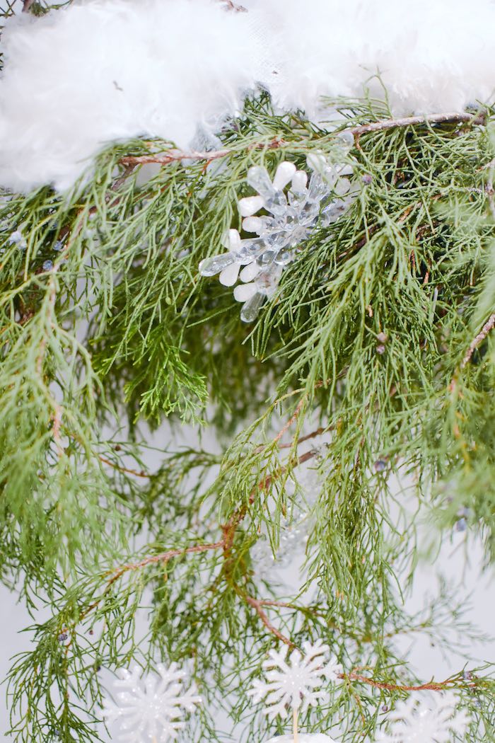 Snowflake-adorned Cedar Garland from a Winter ONEderland 1st Birthday Party on Kara's Party Ideas | KarasPartyIdeas.com (34)