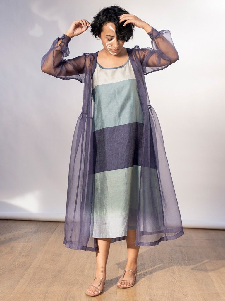 Blue Modal Silk Stripped Dress with Organza silk Shrug Set