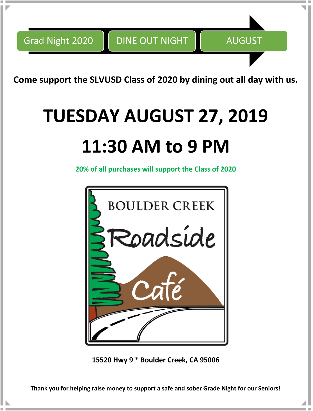 dine out fundraiser at roadside cafe. call 335-4425 for details