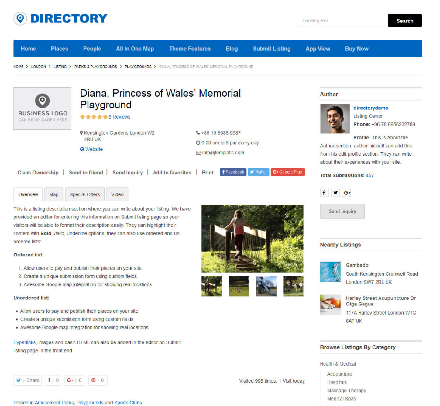 demo of full business profile overview in directory theme