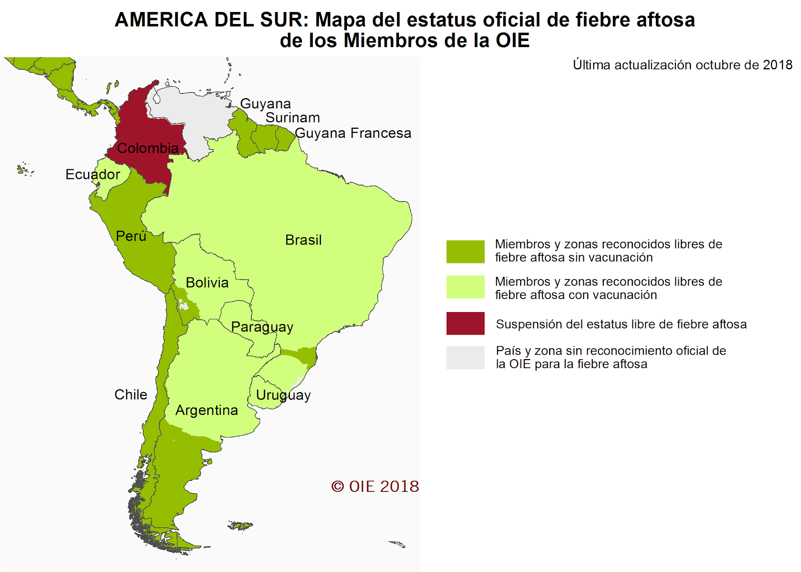 Figura 4: mapa da OIE que ilustra o status sanitário da febre aftosa na América do Sul