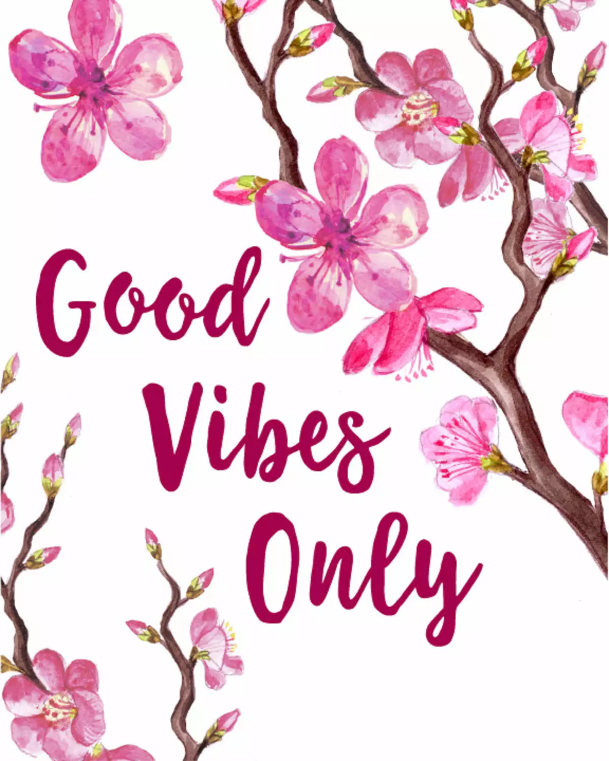 The words “Good Vibes Only” with pink flowers