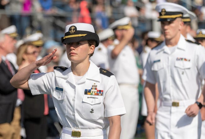 MMA cadet Abigail Pope, of Falmouth, during change-of-command ceremony at the Buzzards Bay Campus May 29 as she took over as regimental commander. Photo Courtesy of Massachusetts Maritime Academy