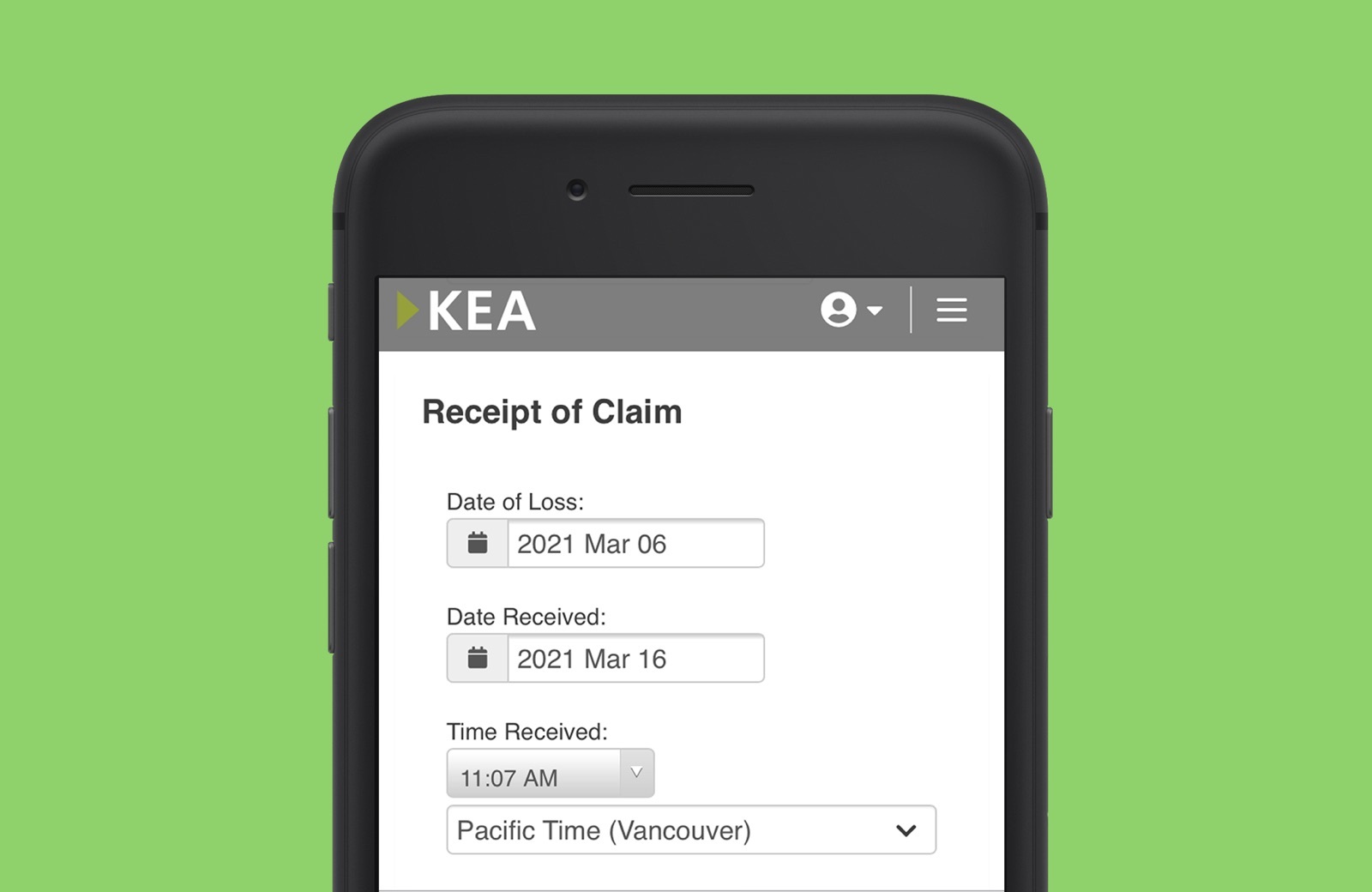 Mobile screenshot of the new tech stack for KEA and claims reporting