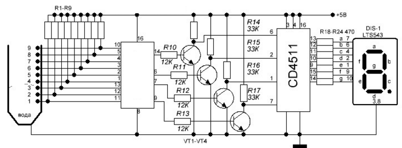 Индикатор уровня жидкости схема. Датчик уровня жидкости схема электрическая принципиальная. Схема индикатора уровня воды в баке своими руками. Индикатор уровня жидкости на микросхеме uln2003. Индикатор подачи воды