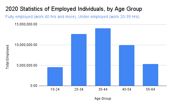 2020 statistics of employed Individuals by Age group