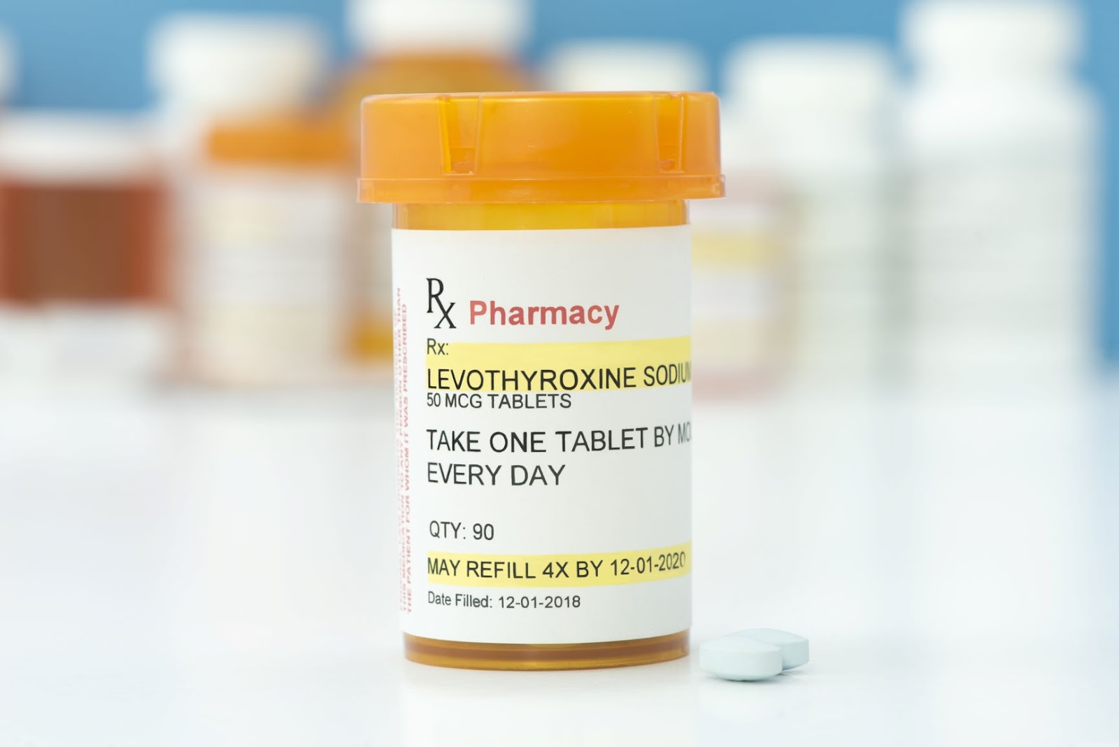 hypothyroidism medication: Levothyroxine tablets in a plastic medicine container
