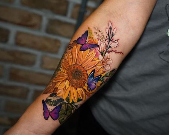 Colorfully With Butterfly And Sunflower Tattoo