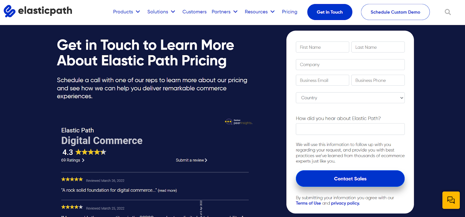Contact us form for elastic path headless commerce services
