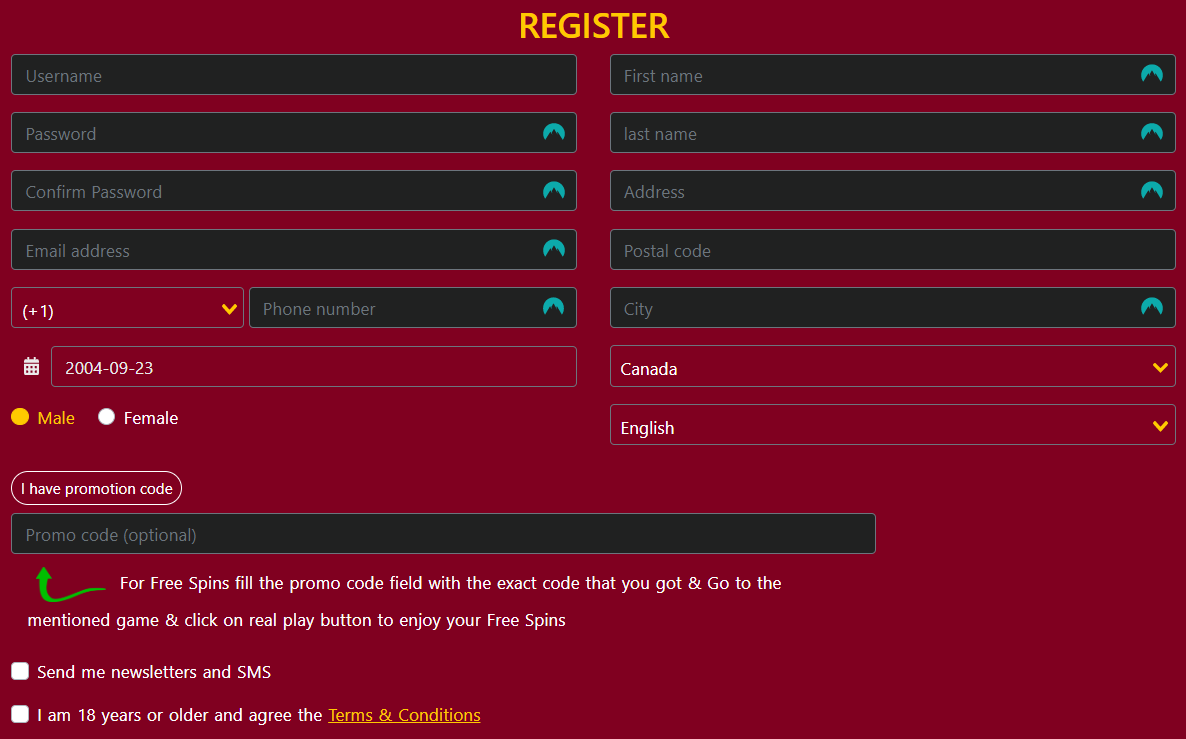 Processus d'inscription sur Eagles Casino