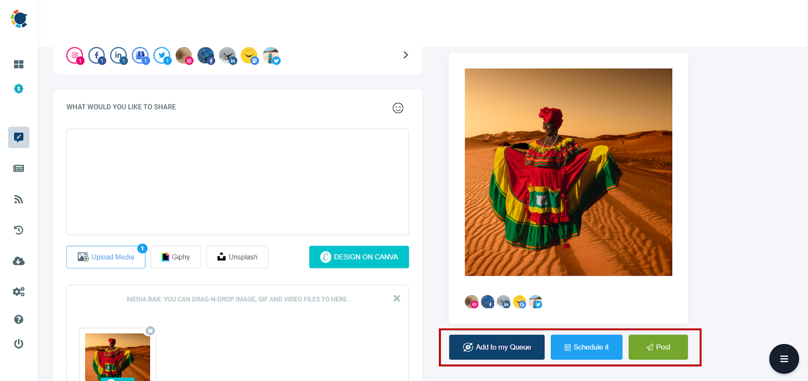 Post immediately or schedule your social media design