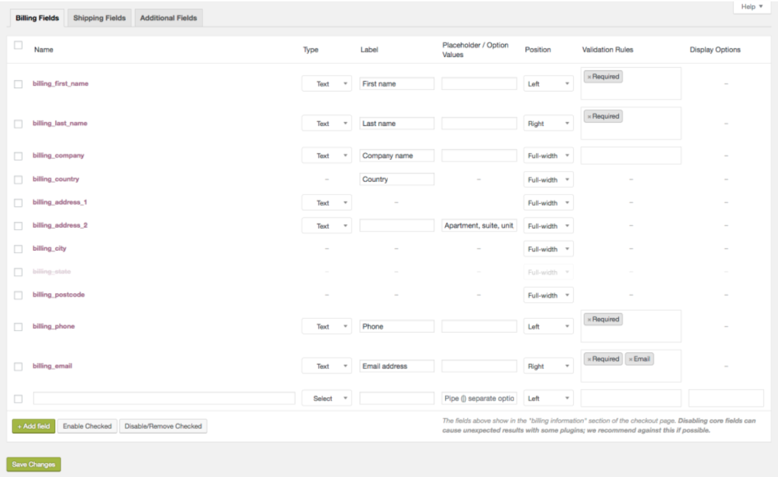 Checkout Field Editor