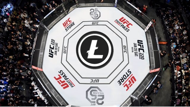 A ring of MMA with the logo of Litecoin printed in its center.