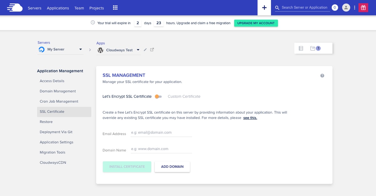 SSL do aplicativo Cloudways