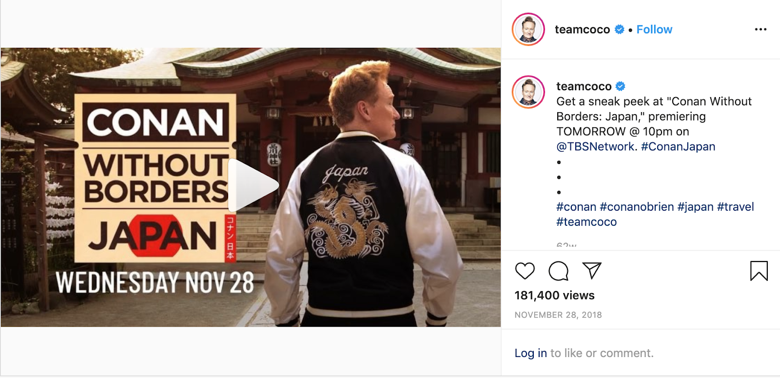 Promote YouTube channel on Instagram: A screenshot of an instagram post from @teamcoco that reads "Conan Without Borders: Japan"