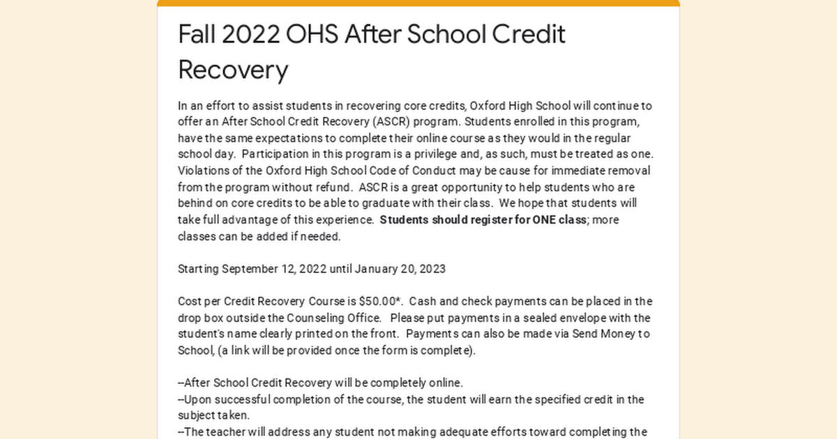 Fall 2022 OHS After School Credit Recovery