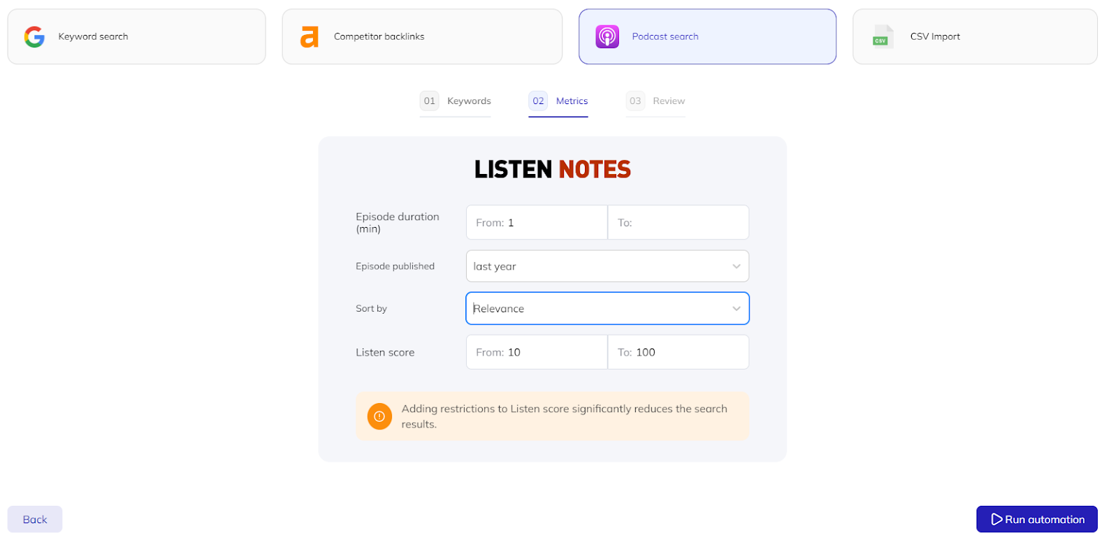 adding listen notes filters