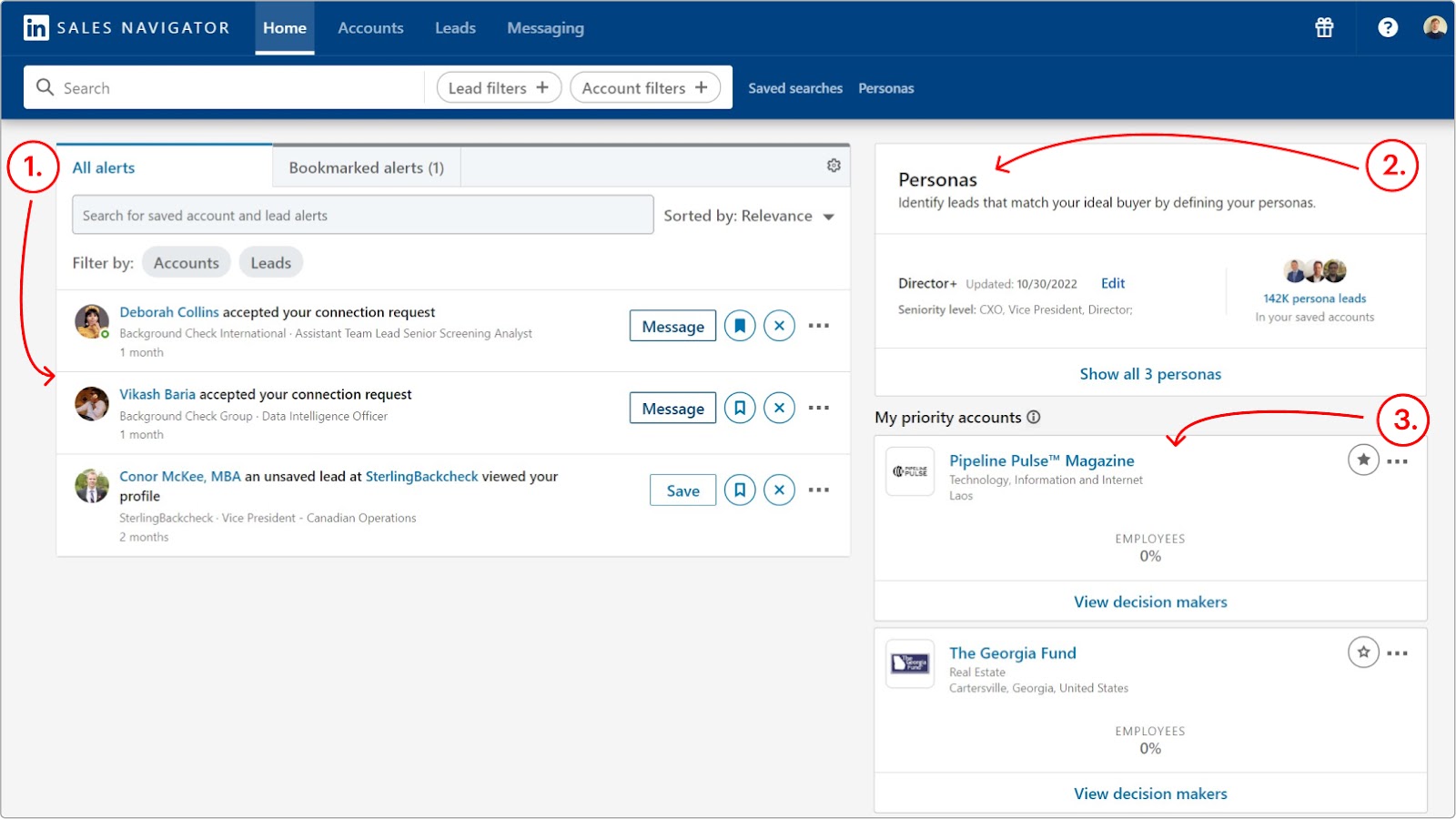 linkedin sales navigator front page with alerts, personas and priority account