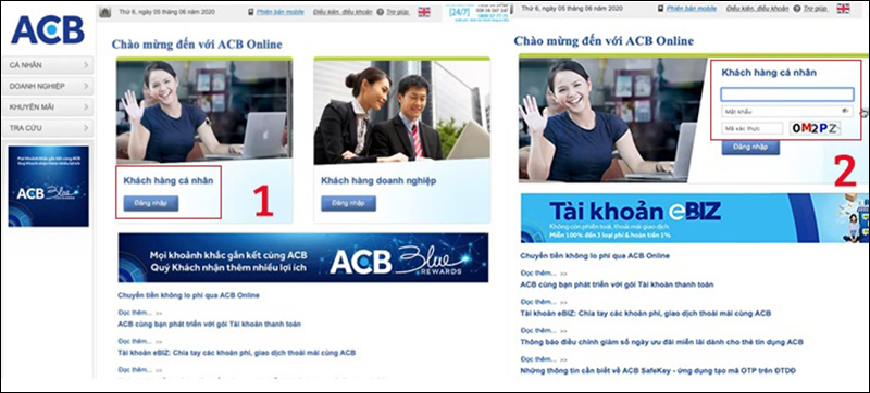 Bước 1: Truy cập vào trang https://online.acb.com.vn/ > Chọn Khách hàng cá nhân > Đăng nhập thông tin tài khoản cá nhân tại ACB.