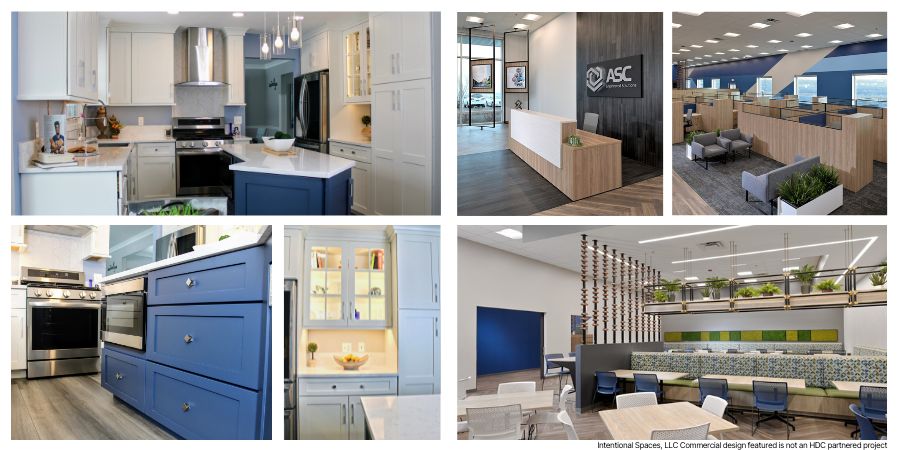 a photo collage of a blue and white remodeled kitchen with shaker cabinets and a remodeled commercial space with modern biophillic design 