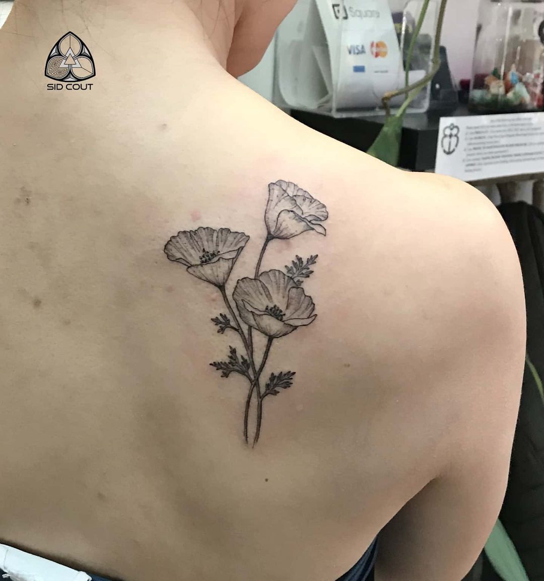 Black and Grey Linework Flower Tattoo On Back Shoulder