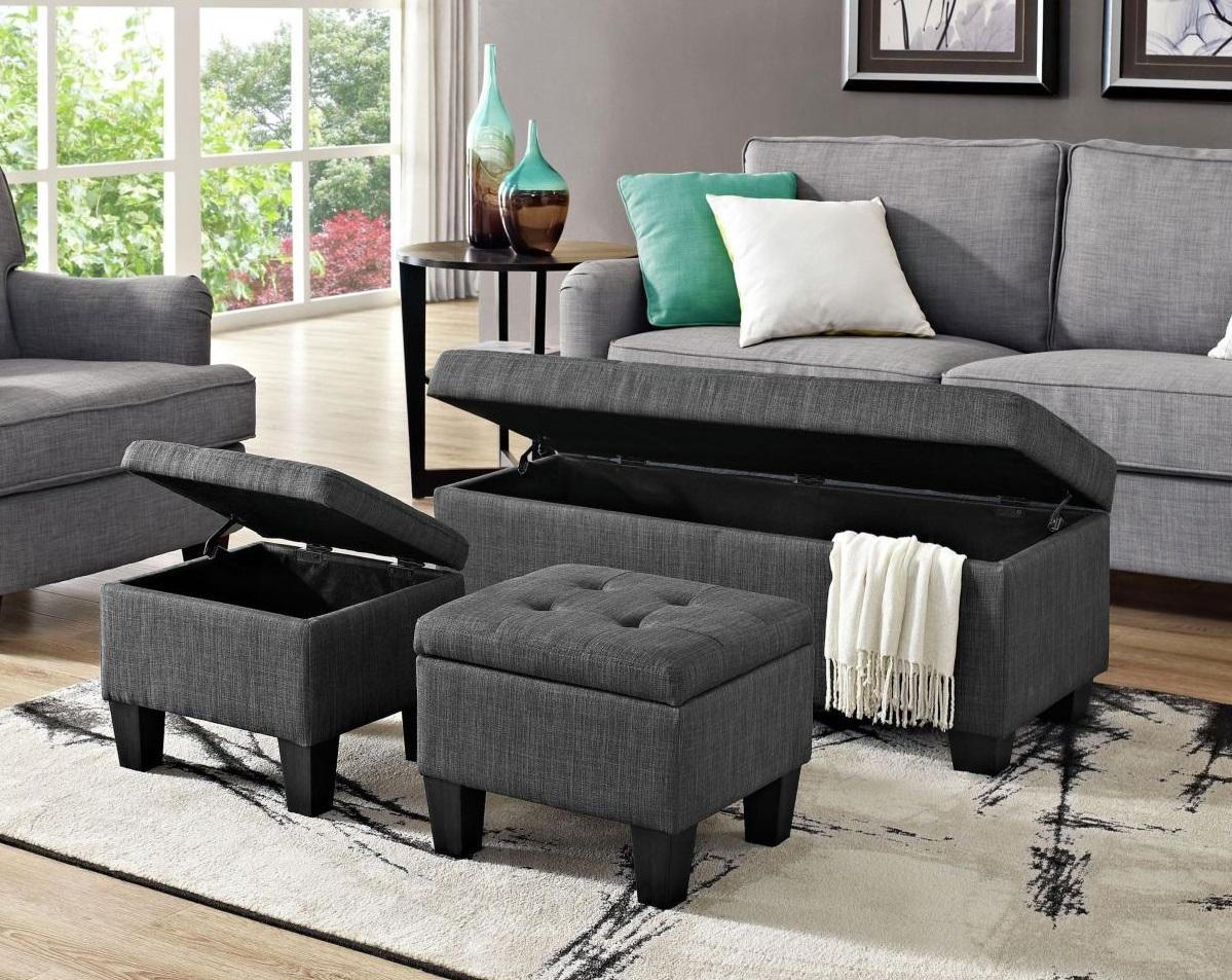 A couch, two storage ottomans, and a storage bench