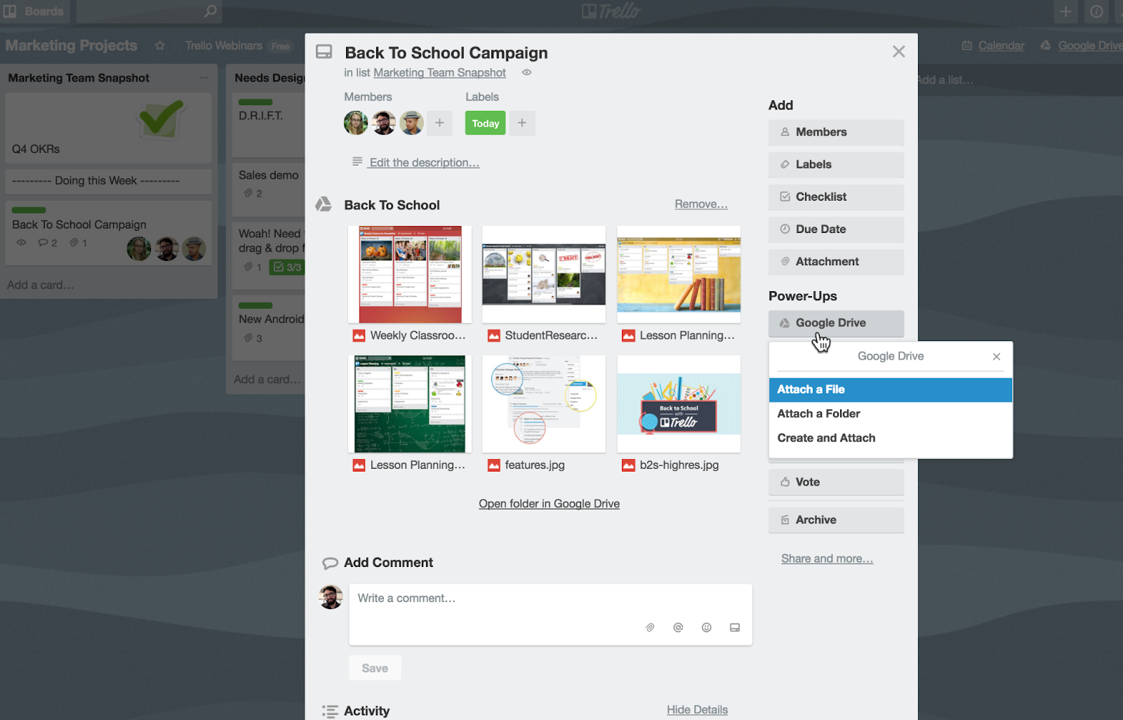 Google Drive as a Trello Power-Up is great for file management on Trello