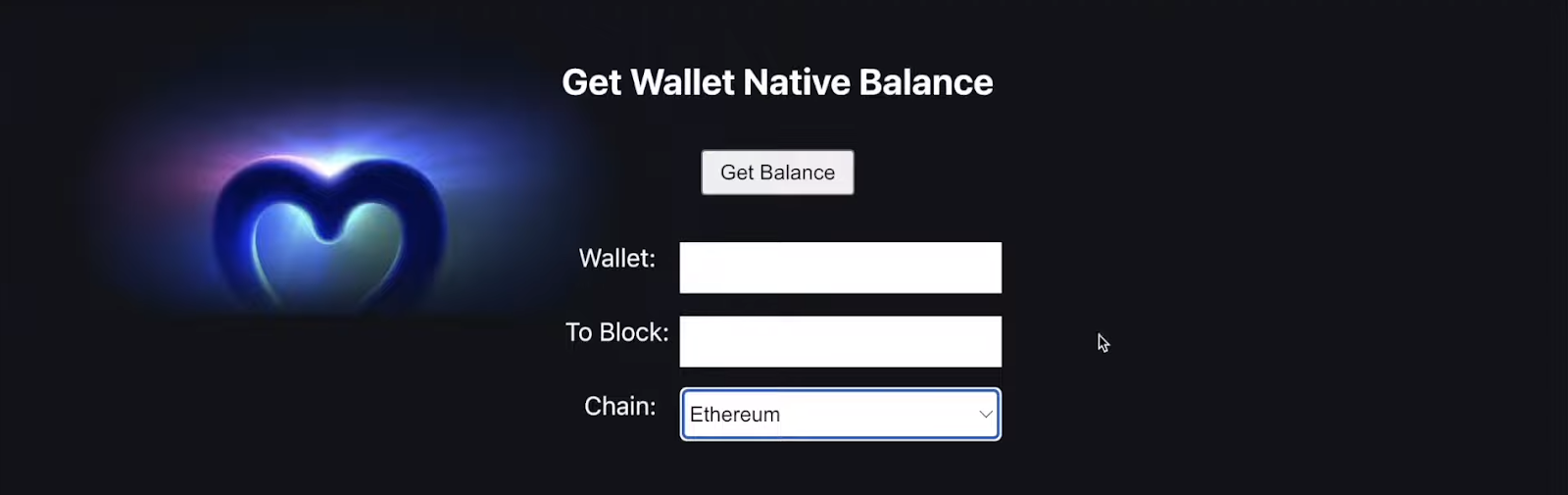 homepage of our dapp showing two input fields and the title that states get wallet native balance