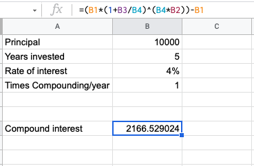 Compound interest formula in google sheets