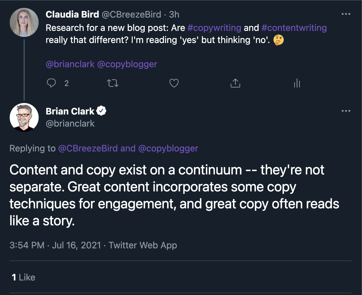 A tweet from Brian Clark (copyblogger) saying, "Content and copy exist on a continuum - they're not separate. Great content incorporates some copy techniques for engagement, and great copy often reads like a story."