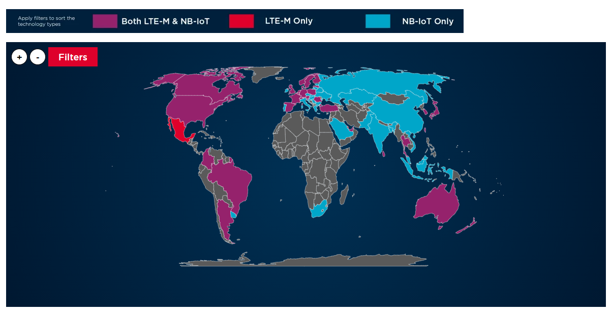 CAT-M vs NB-IoT global coverage map
