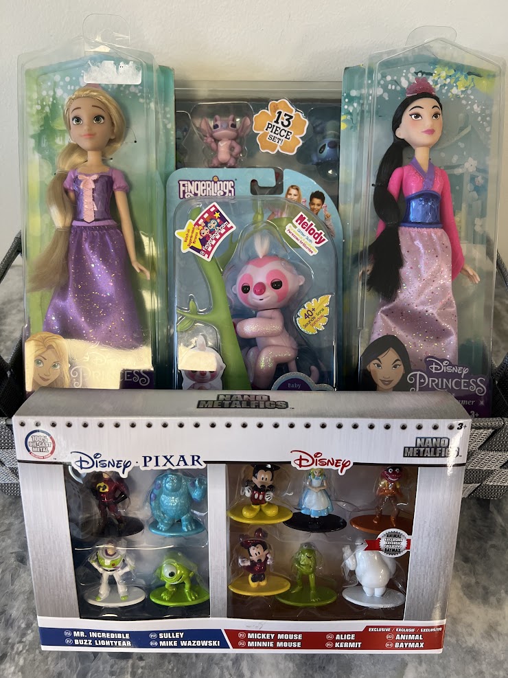 Disney 13-piece Stitch Figure Set, Royal Shimmer Mulan Disney Princess, Royal Shimmer Rapunzel Disney Princess, Fingerlings Baby Sloth and Pixar Nano Metafigs
-Donated by The Downey Family