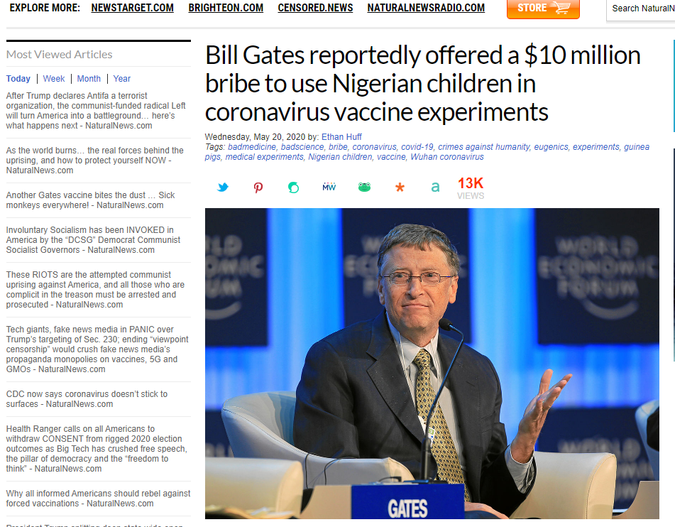 screenshot of a headline accusing Bill Gates of experimenting on Nigerian children