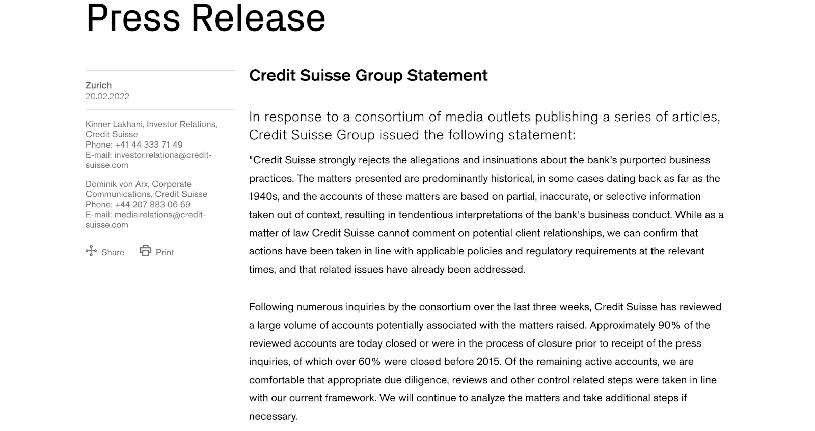 The Credit Suisse press release following the data breach