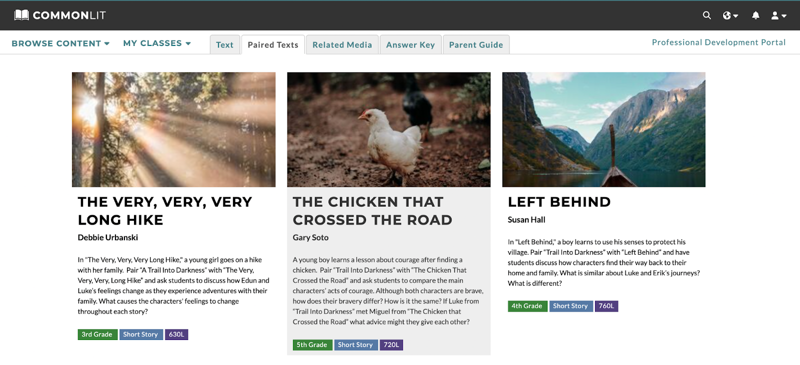 Screenshot of Paired Text tab for "Trail Into Darkness" lesson with "The Chicken That Crossed The Road" highlighted.