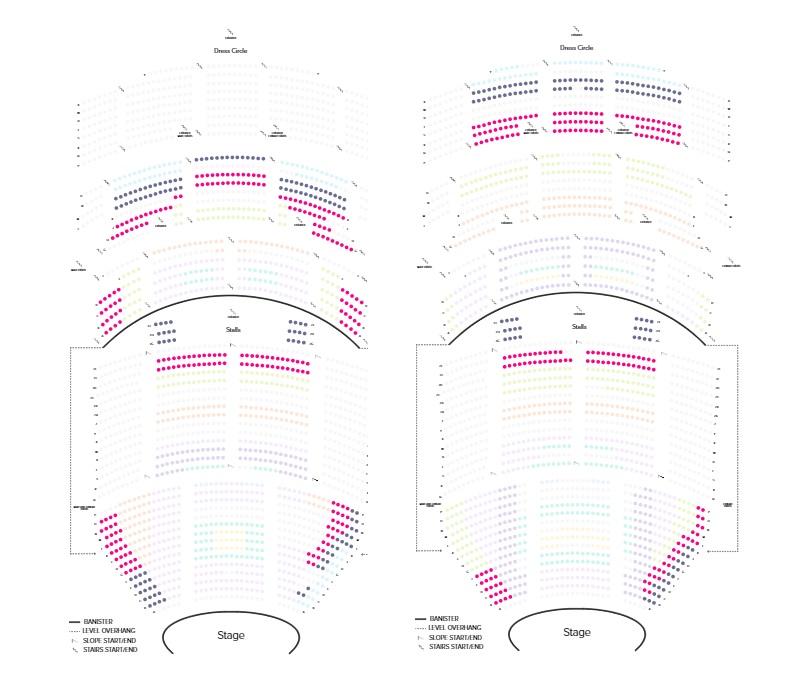 Two side-by-side screenshot of the booking map for Wicked in London, showing two price bands and the availability on a weekday vs weekend. On the weekday image, the availability is for seats further forward in the auditorium. 