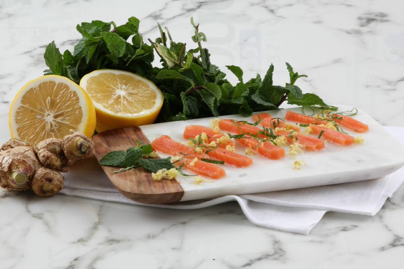 Salmon Sashimi over Cutting Board