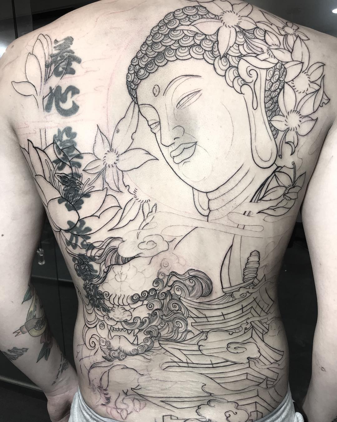 Linework Full Back Buddha Tattoo