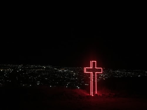 Pic: Jesus Cross - Sign at Night. Is God Real? Jesus Christ Loves you.