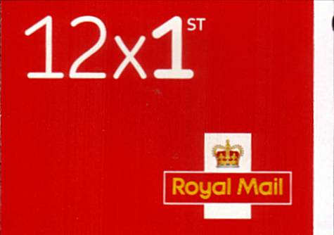 British Stamps Self Adhesive Booklets Item: view larger image for SG MF9 (2016) - 12x 1st Class Vermilion - Walsall<br/>
Containing Security Machins - U2039<br/>
With repeating ROYAL MAIL wording on backing