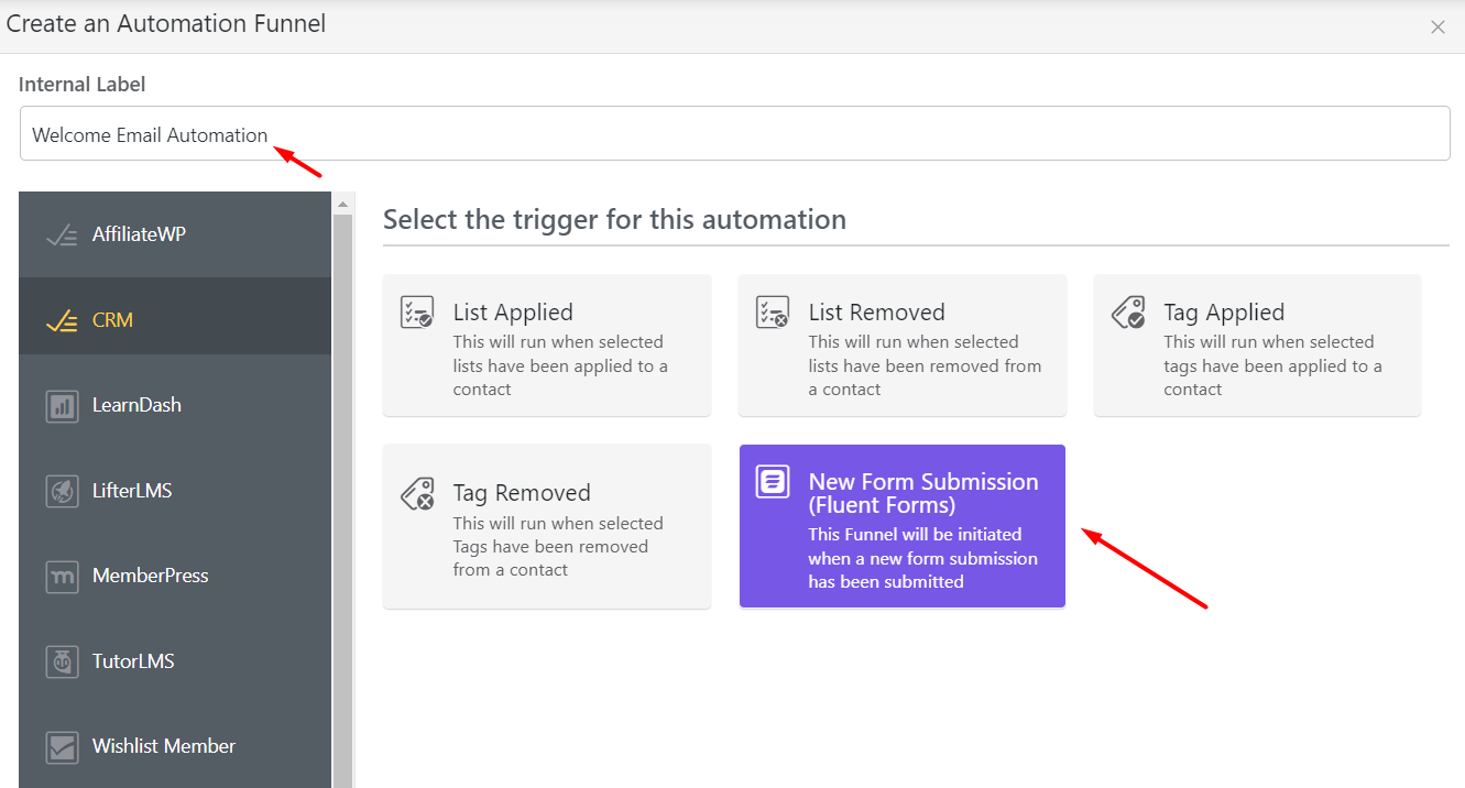 Label  your automation funnel and select new form submission