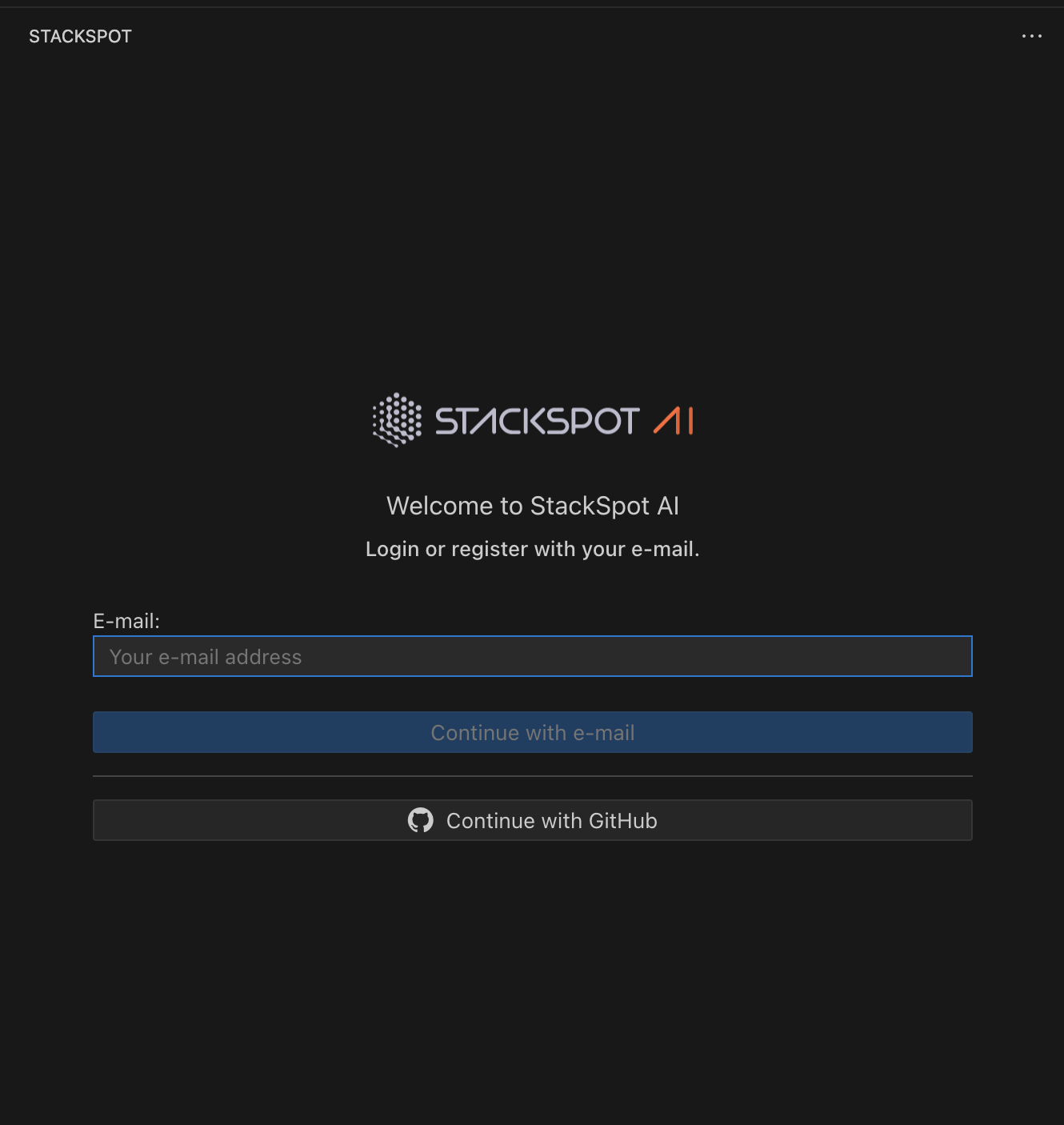 Print na tela de login, nele está StackSpot AI, espaço para o e-mail e a opção de continuar com GitHub.