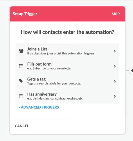 Setting up your autoresponder trigger by selecting one of these options in Automizy