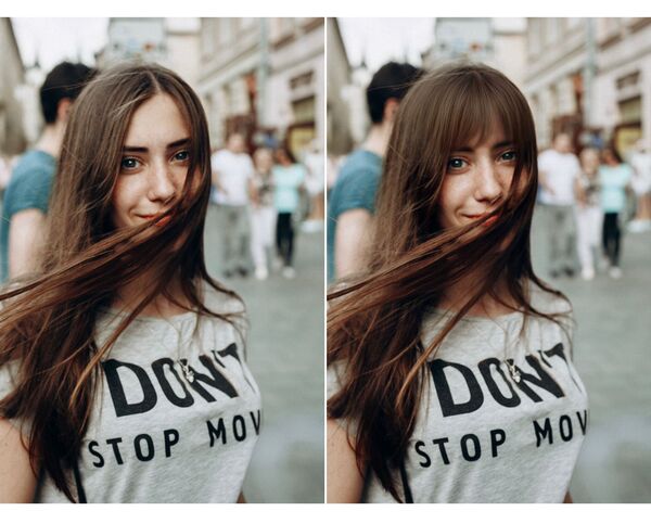 Montagem de fotos de uma mulher de cabelo liso sendo editada pelo AirBrush