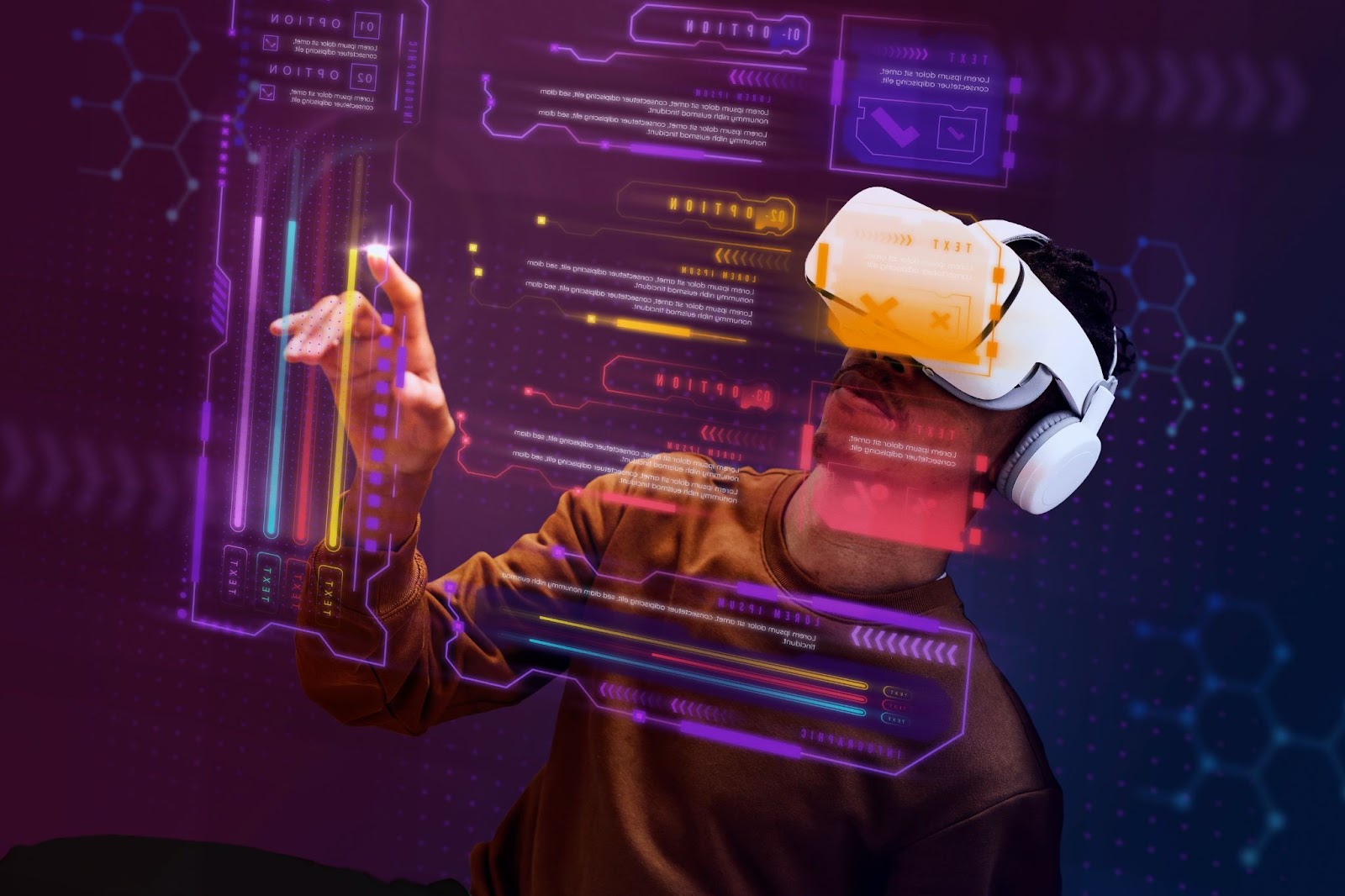 a man wearing a VR helmet and using a colorful virtual panel