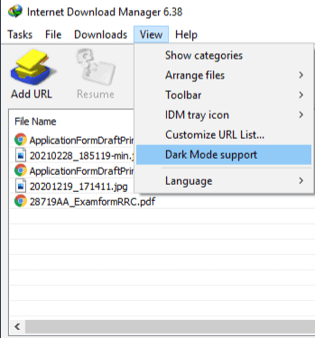Captura de pantalla de la opción de soporte del modo oscuro de IDM
