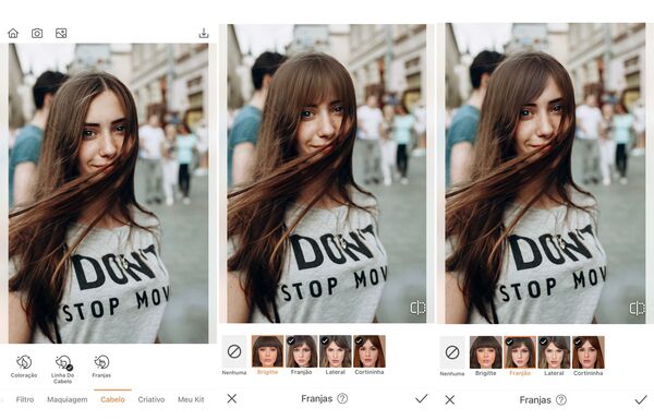 Montagem de fotos de uma mulher de cabelo liso sendo editada pelo AirBrush