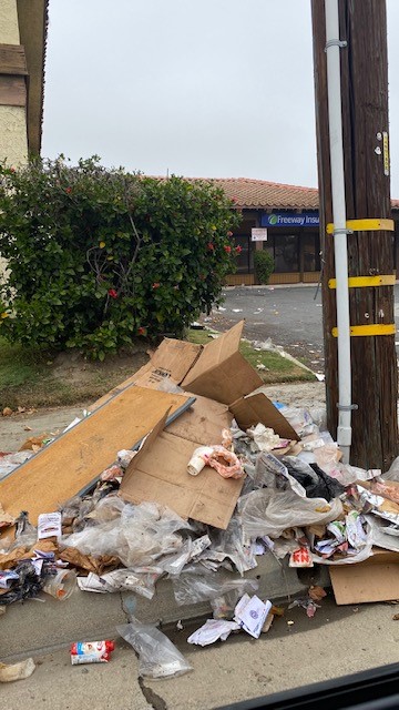 A photo of a sidewalk with a giant pile of trash