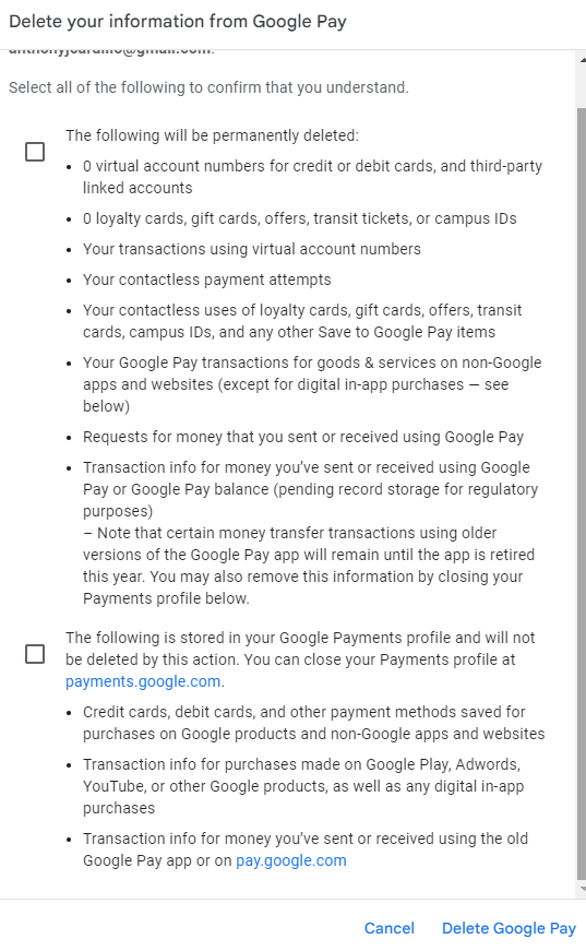 Acknowledgement boxes for deleting Google Pay